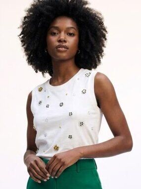 Zara Embellished Sleeveless Tank Top Beaded Floral White Muscle Tee Size S